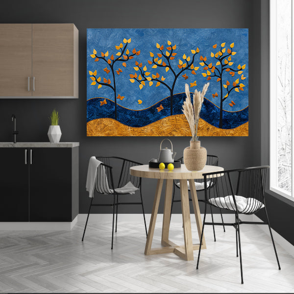 Herfstbomen op kleurrijke blauwe achtergrond canvas