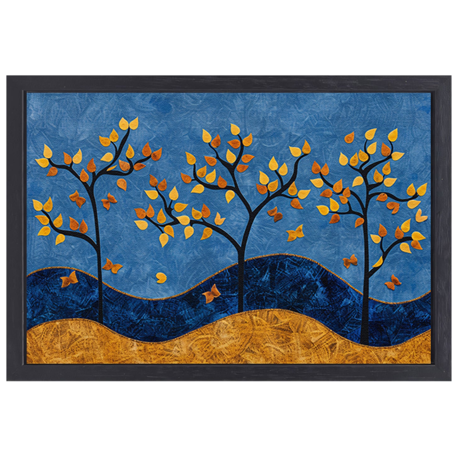 Herfstbomen op kleurrijke blauwe achtergrond canvas met baklijst