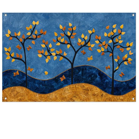 Herfstbomen op kleurrijke blauwe achtergrond tuinposter