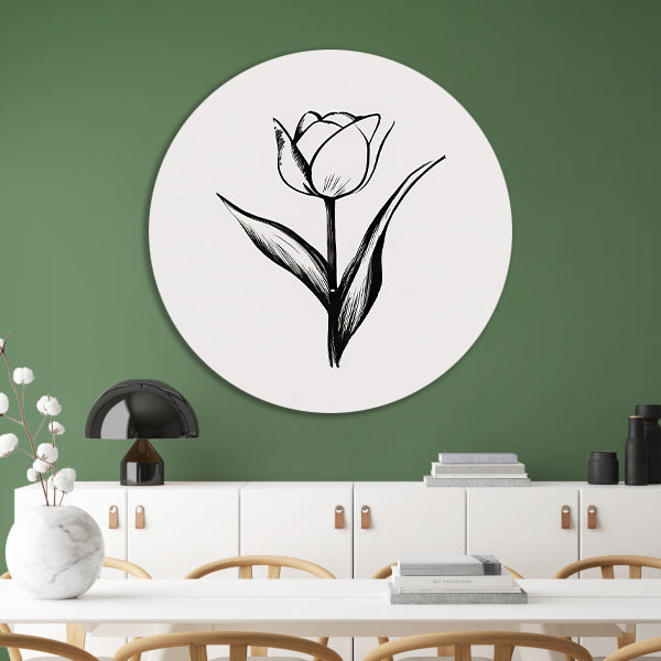 Minimalistische tulp in zwart-wit lijnenspel forex muurcirkel