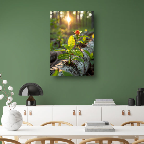 Plant groeit uit boomstam in zonlicht canvas
