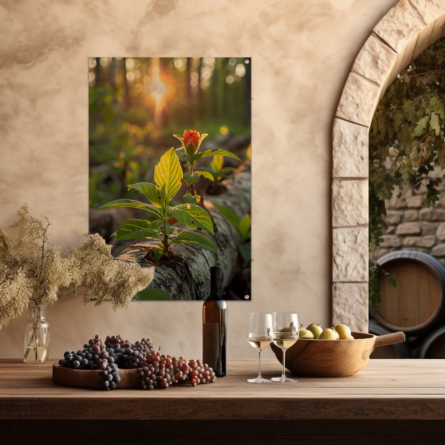 Plant groeit uit boomstam in zonlicht tuinposter