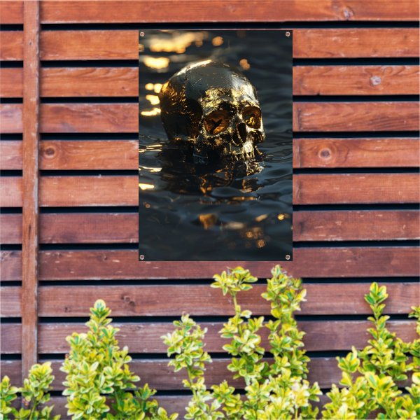 Vergulde schedel met gouden details in water tuinposter