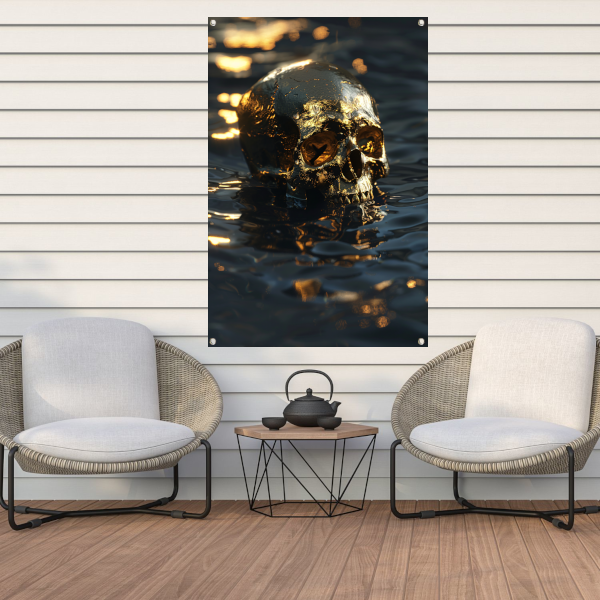 Vergulde schedel met gouden details in water tuinposter