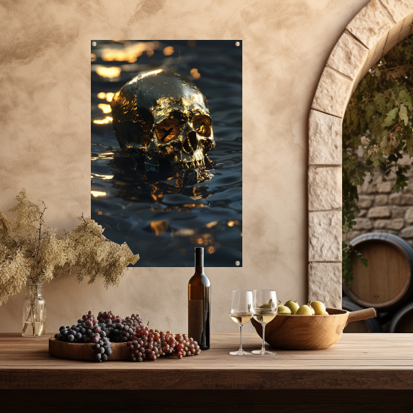 Vergulde schedel met gouden details in water tuinposter
