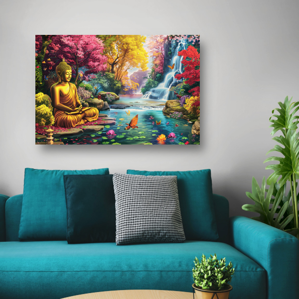 Sereniteit: Boeddha in kleurrijk natuurparadijs poster