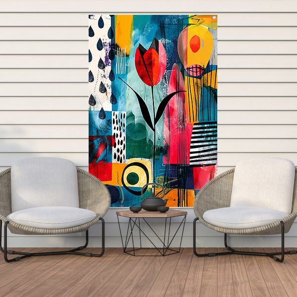 Abstracte tulpenkunst met regenmotief tuinposter