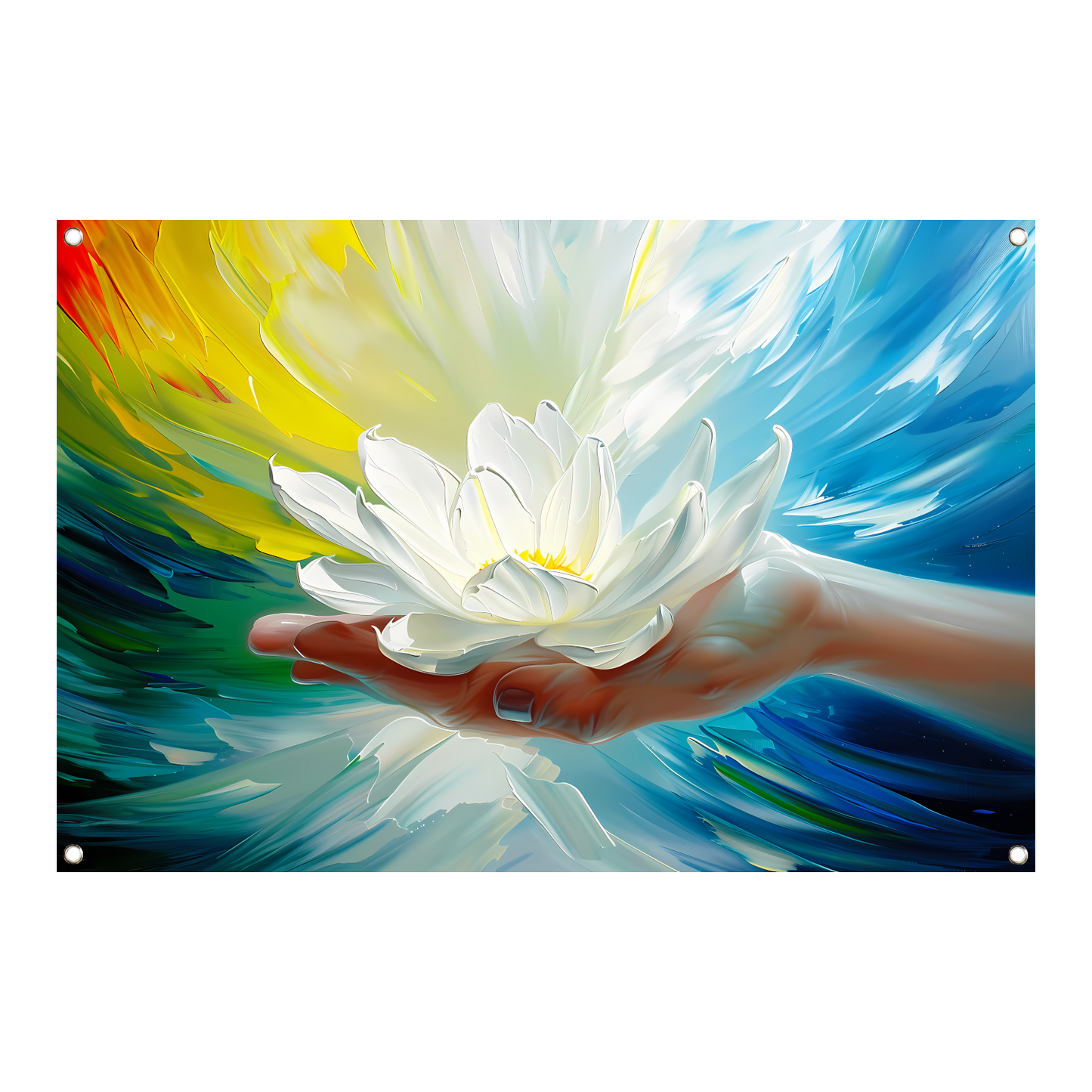 Abstracte kleurrijke bloem in een hand tuinposter