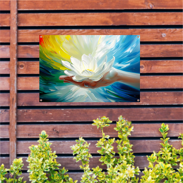 Abstracte kleurrijke bloem in een hand tuinposter