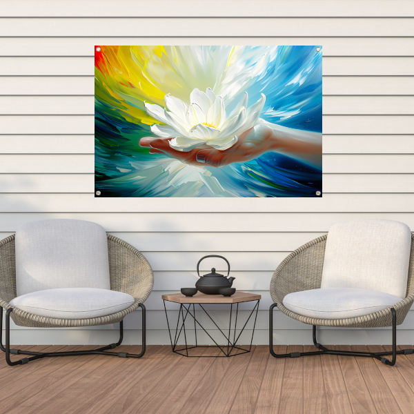 Abstracte kleurrijke bloem in een hand tuinposter