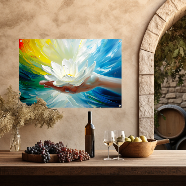 Abstracte kleurrijke bloem in een hand tuinposter