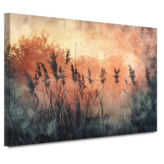 Schemerlicht over een rustig rietveld canvas