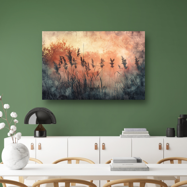 Schemerlicht over een rustig rietveld canvas