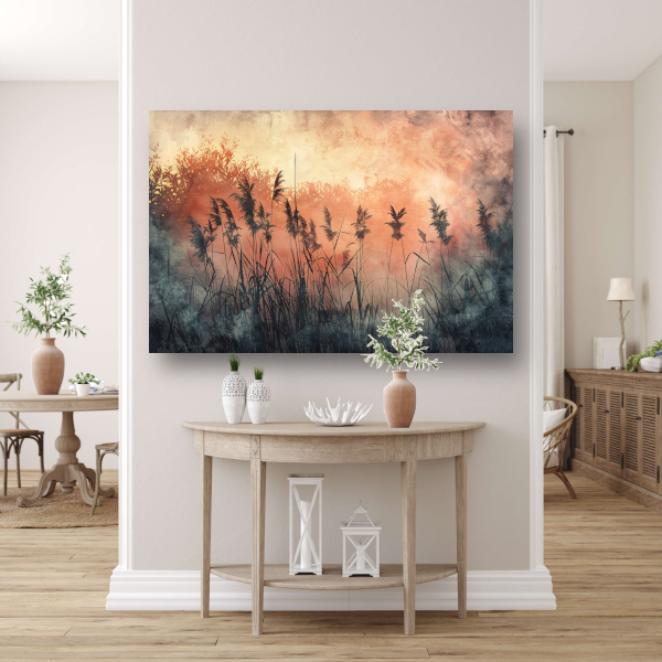 Schemerlicht over een rustig rietveld canvas
