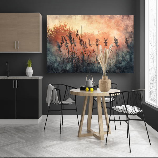 Schemerlicht over een rustig rietveld canvas
