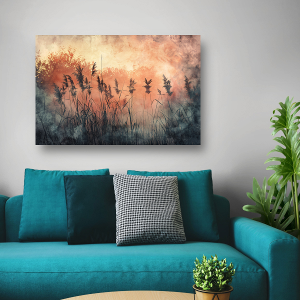 Schemerlicht over een rustig rietveld canvas