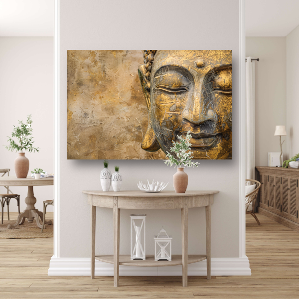 Gouden Boeddha portret op verweerde achtergrond acrylglas