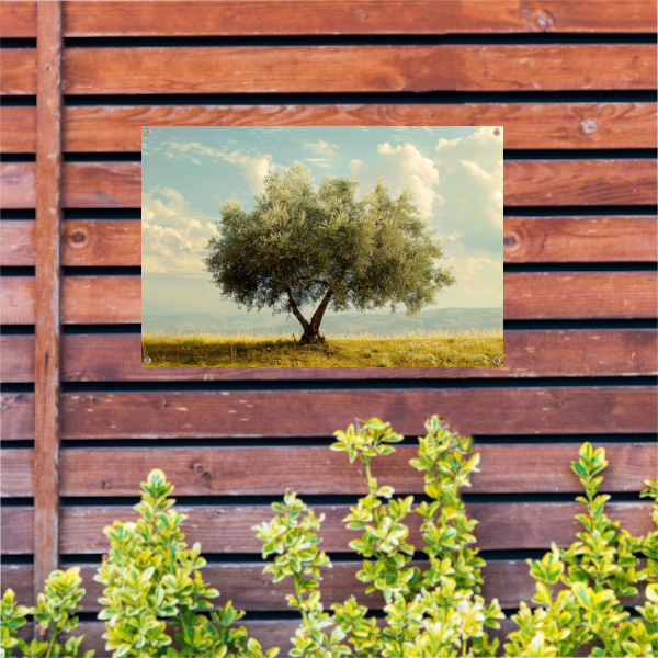 Eenzame boom in een veld tuinposter