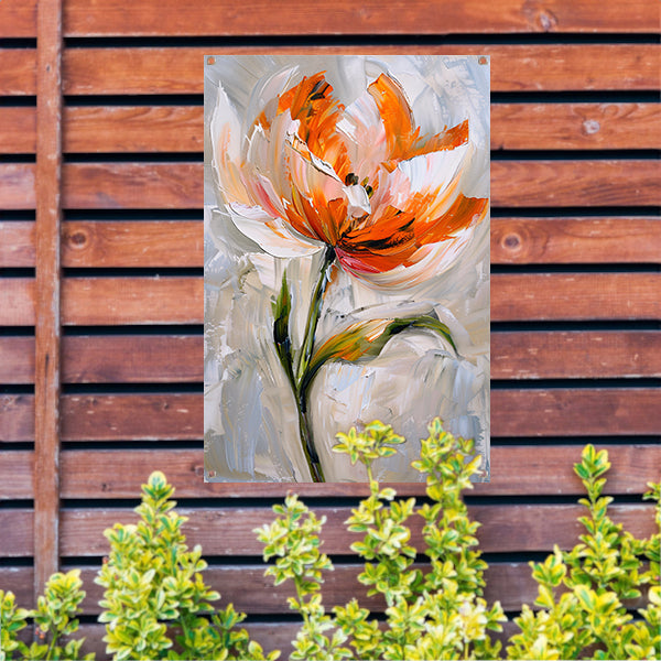 Abstract bloemschilderij met oranje tinten tuinposter