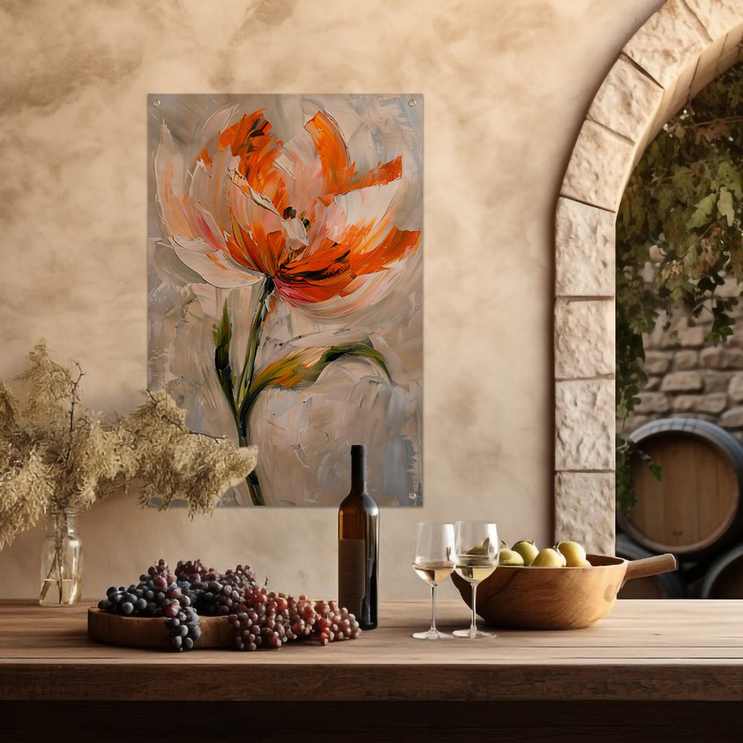Abstract bloemschilderij met oranje tinten tuinposter