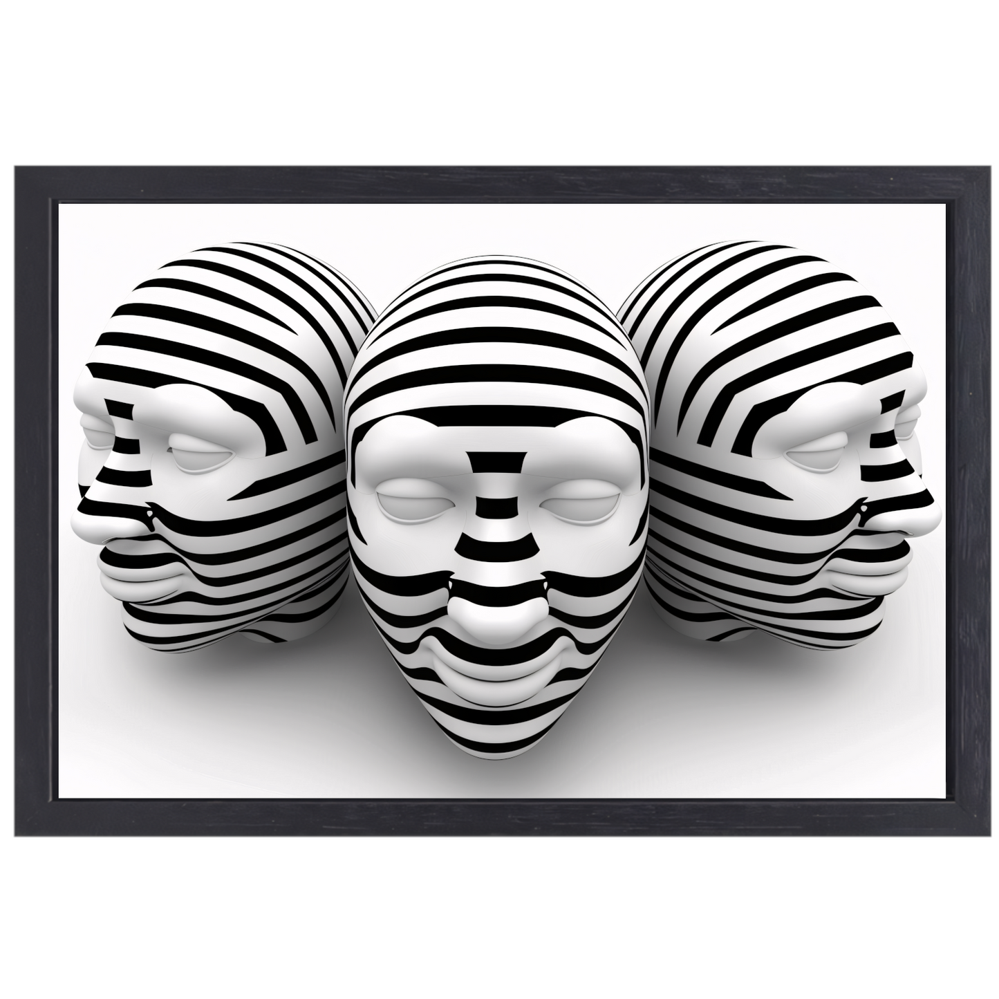 Drie Gestreepte Zwart Wit Maskers canvas met baklijst