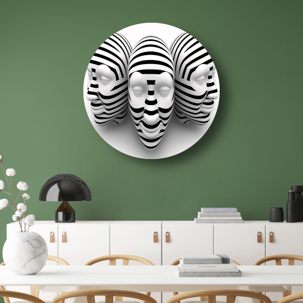Drie Gestreepte Zwart Wit Maskers aluminium muurcirkel