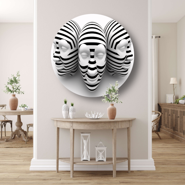 Drie Gestreepte Zwart Wit Maskers aluminium muurcirkel