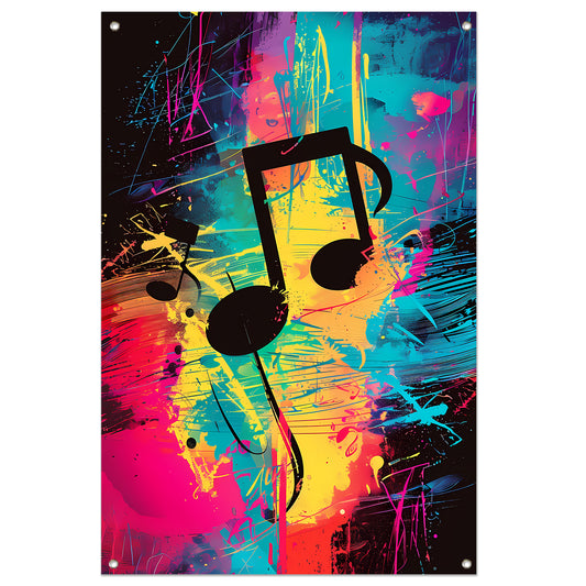 Abstract Muzieknoten in Kleurrijk Verfspatten tuinposter