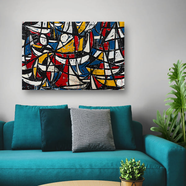Abstracte dynamische schilderij met kleurrijke boten canvas