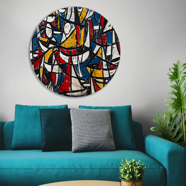 Abstracte dynamische schilderij met kleurrijke boten aluminium muurcirkel