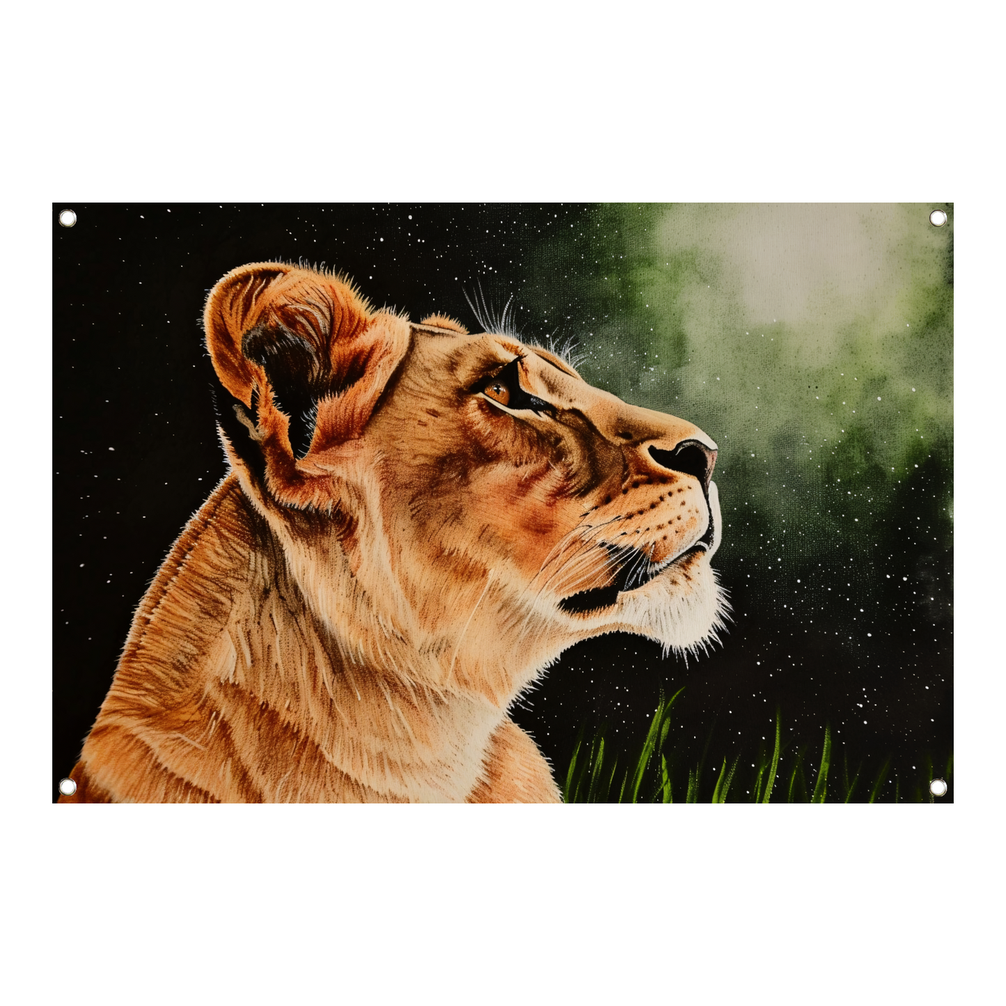 Leeuw in profiel onder sterrenhemel schilderij tuinposter