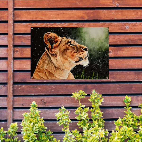Leeuw in profiel onder sterrenhemel schilderij tuinposter