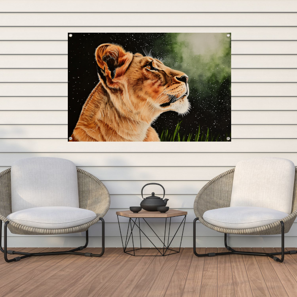 Leeuw in profiel onder sterrenhemel schilderij tuinposter
