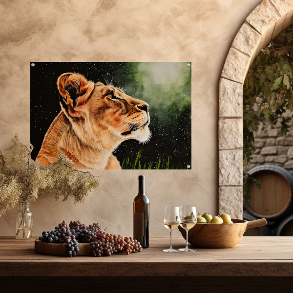 Leeuw in profiel onder sterrenhemel schilderij tuinposter