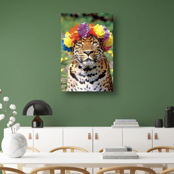 Kleurrijke Leopard met Bloemenkrans Portret canvas