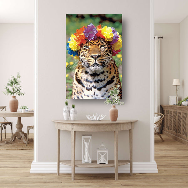 Kleurrijke Leopard met Bloemenkrans Portret canvas