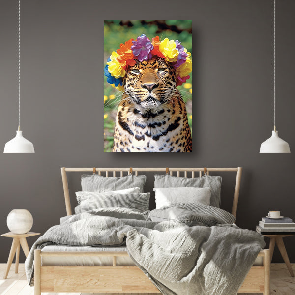 Kleurrijke Leopard met Bloemenkrans Portret canvas