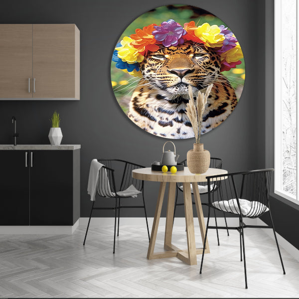 Kleurrijke Leopard met Bloemenkrans Portret forex muurcirkel
