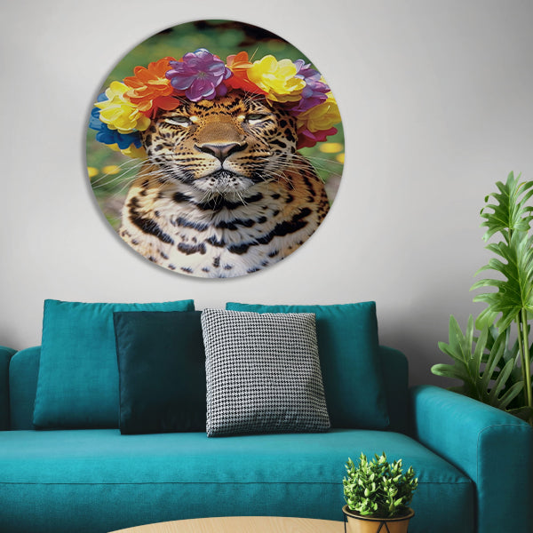 Kleurrijke Leopard met Bloemenkrans Portret forex muurcirkel