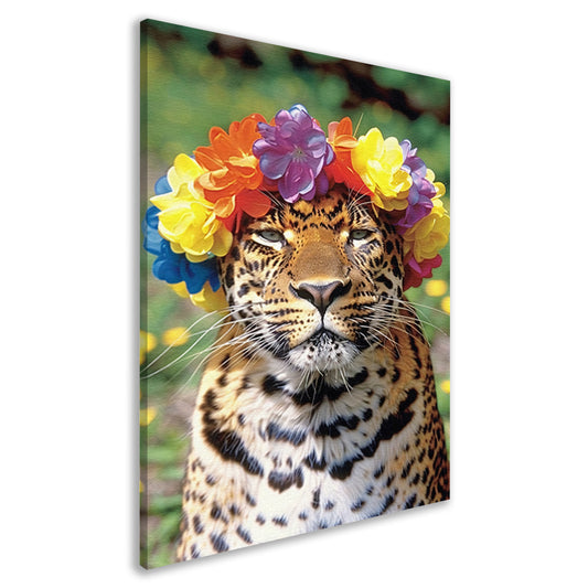 Kleurrijke Leopard met Bloemenkrans Portret canvas