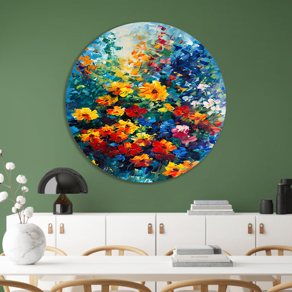 Kleurrijke abstracte bloemenveld schilderij forex muurcirkel