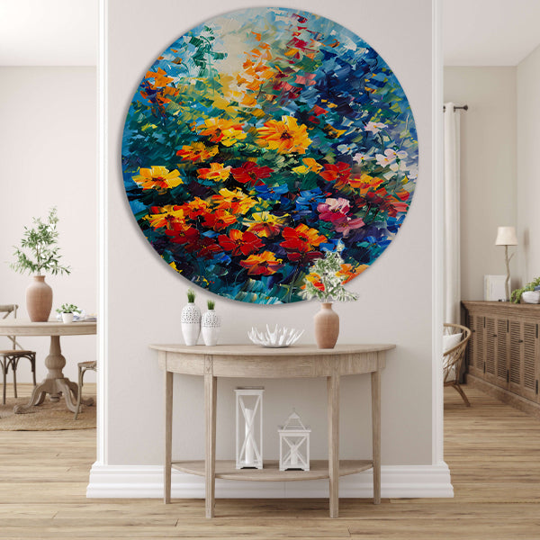 Kleurrijke abstracte bloemenveld schilderij forex muurcirkel