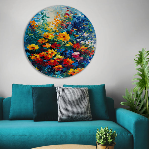 Kleurrijke abstracte bloemenveld schilderij forex muurcirkel