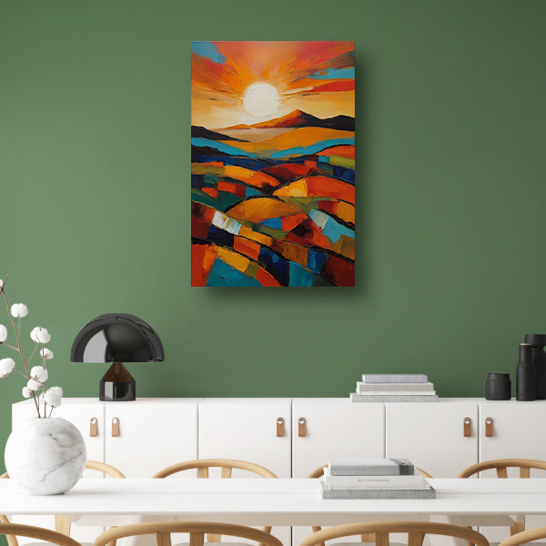 Stralende zon boven kleurrijke abstracte velden canvas