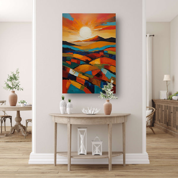 Stralende zon boven kleurrijke abstracte velden canvas