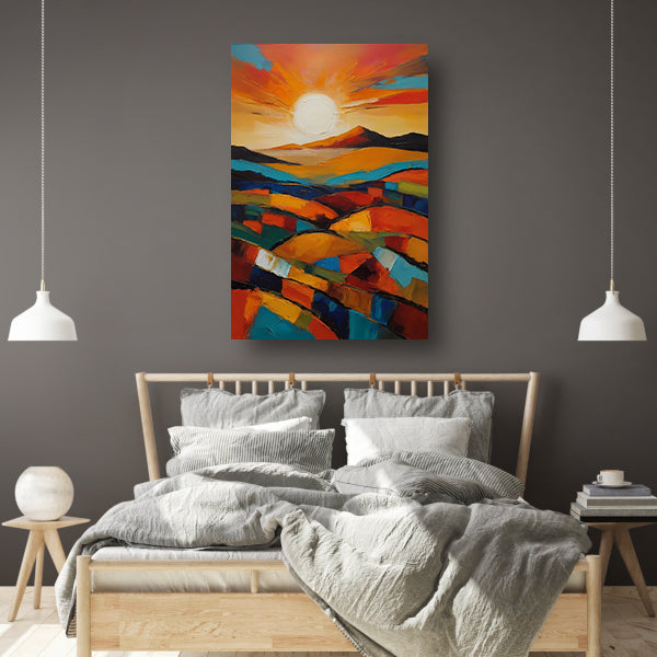Stralende zon boven kleurrijke abstracte velden canvas