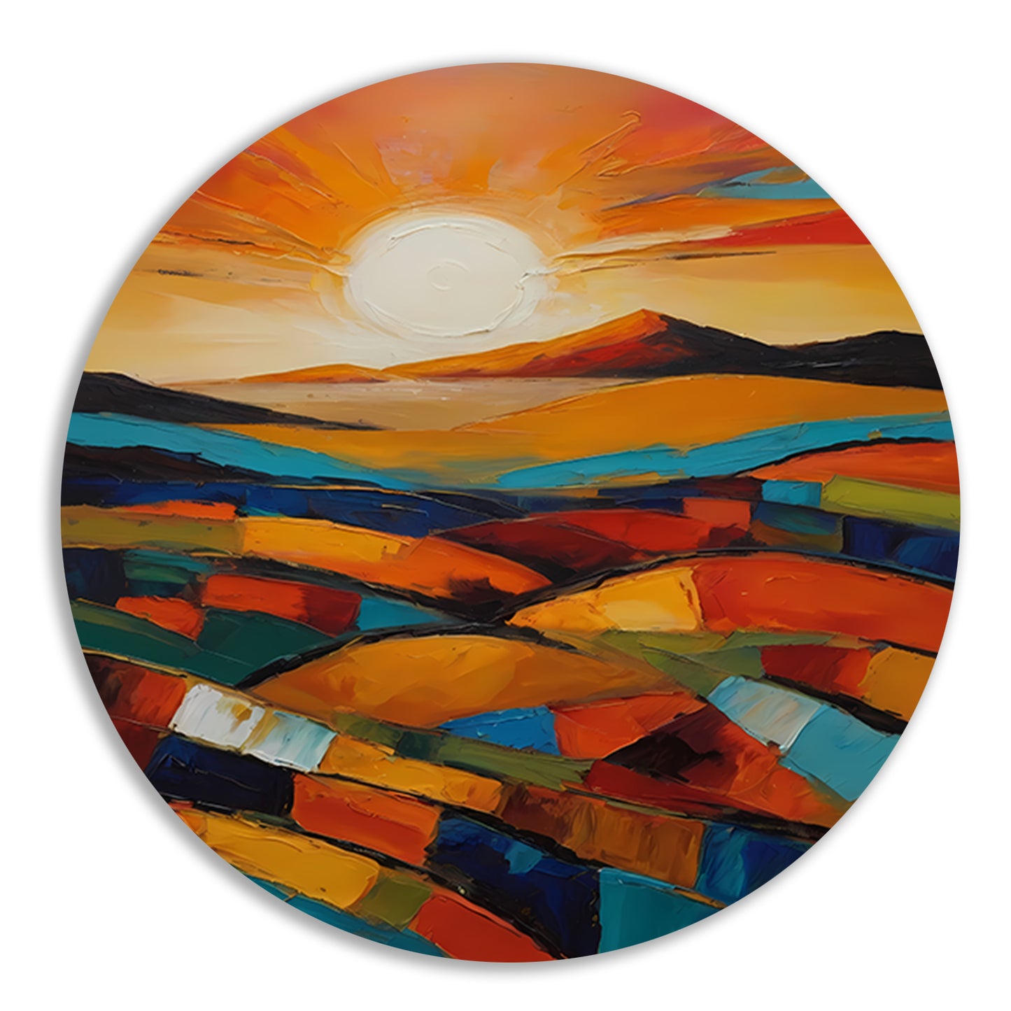 Stralende zon boven kleurrijke abstracte velden aluminium muurcirkel