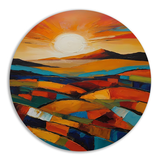 Stralende zon boven kleurrijke abstracte velden aluminium muurcirkel