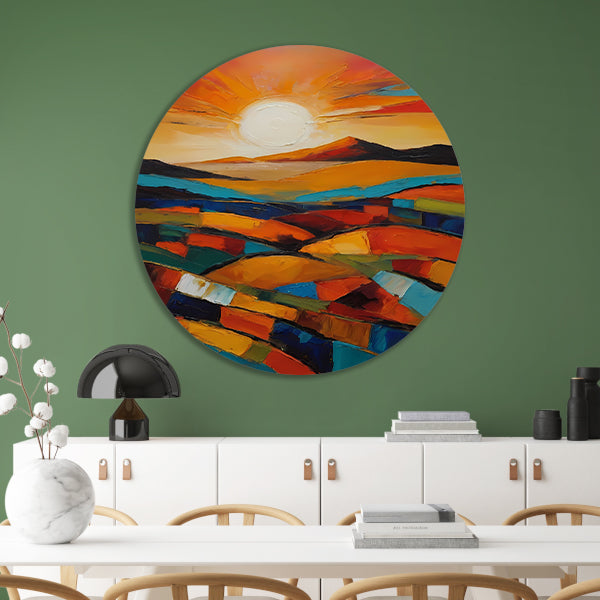 Stralende zon boven kleurrijke abstracte velden aluminium muurcirkel