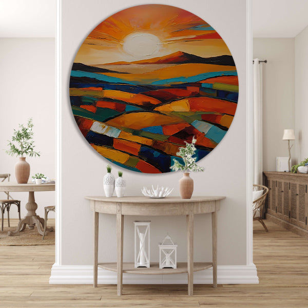 Stralende zon boven kleurrijke abstracte velden aluminium muurcirkel